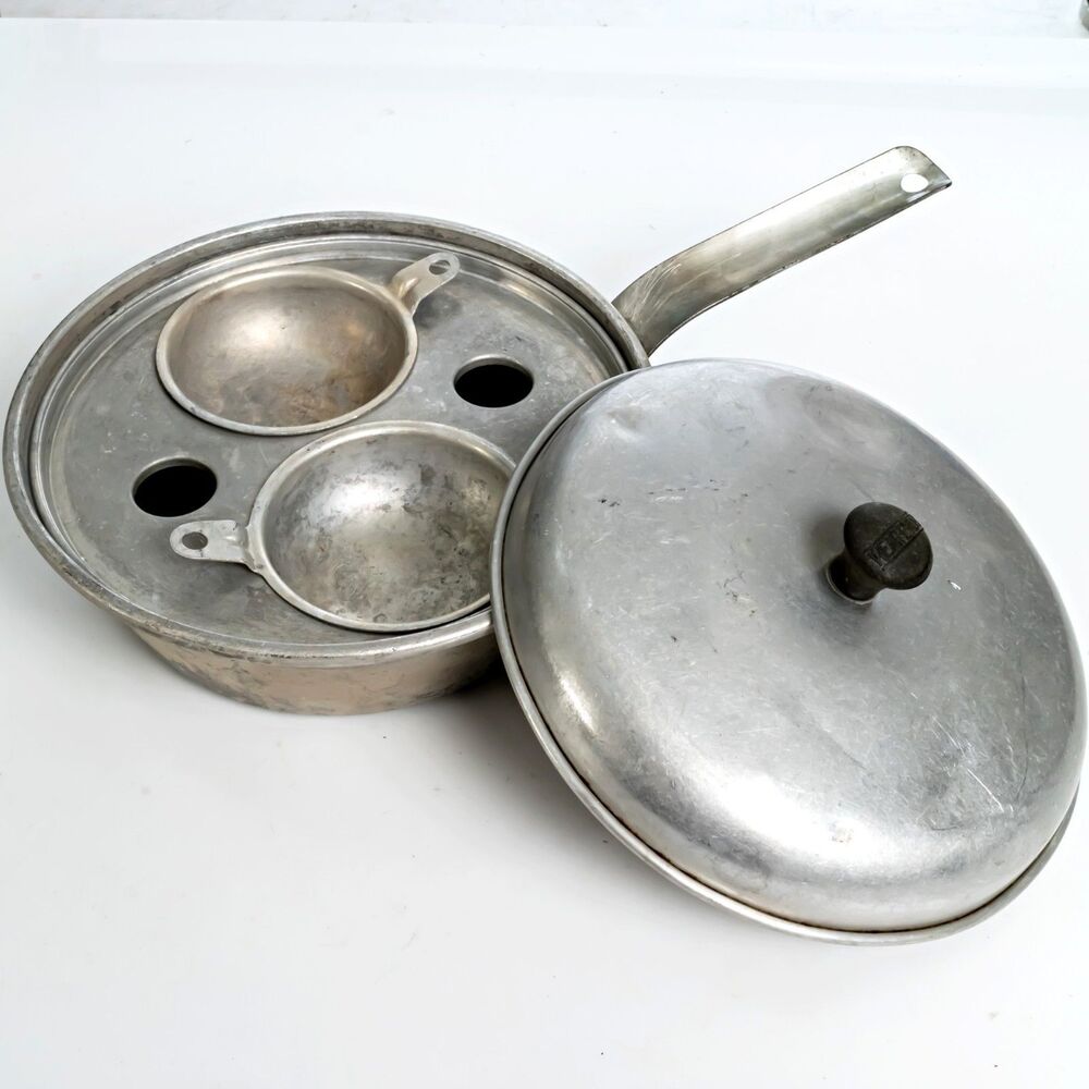 Vintage Wear-Ever Aluminum Egg Poacher Pan No 2422 With Inserts And Lid USA Made